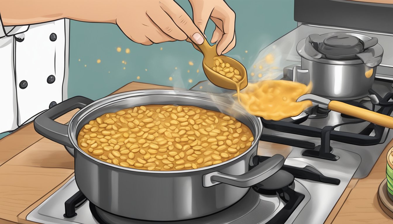 A chef adding cornstarch to thickening watery refried beans in a saucepan over a stovetop