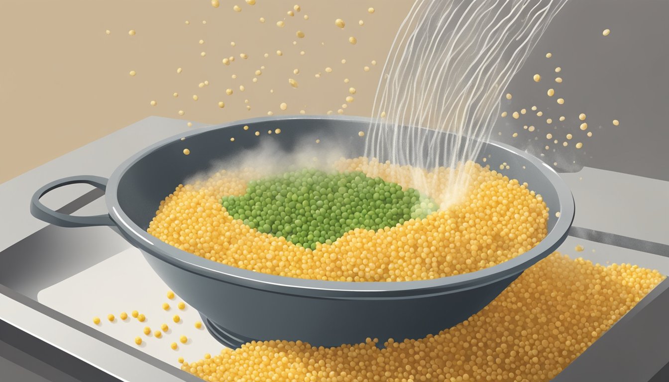 Couscous being drained in a colander, steam rising from the grains