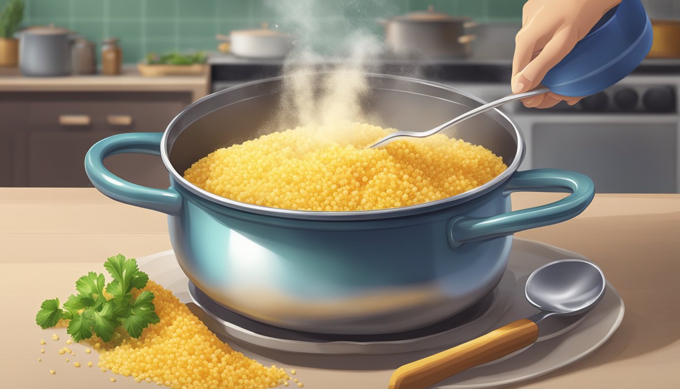 A pot of overcooked couscous being carefully poured onto a plate, steam rising