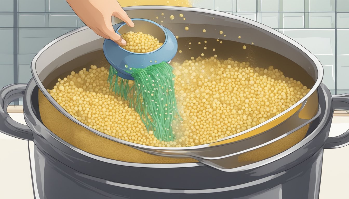 A pot of couscous being strained and rinsed under cold water