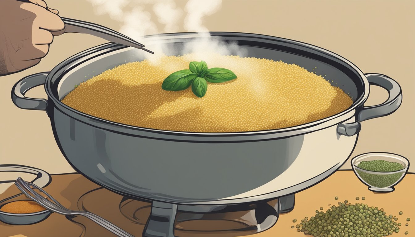 A steaming pot of couscous being fluffed with a fork, while a chef sprinkles a blend of herbs and spices over the grains