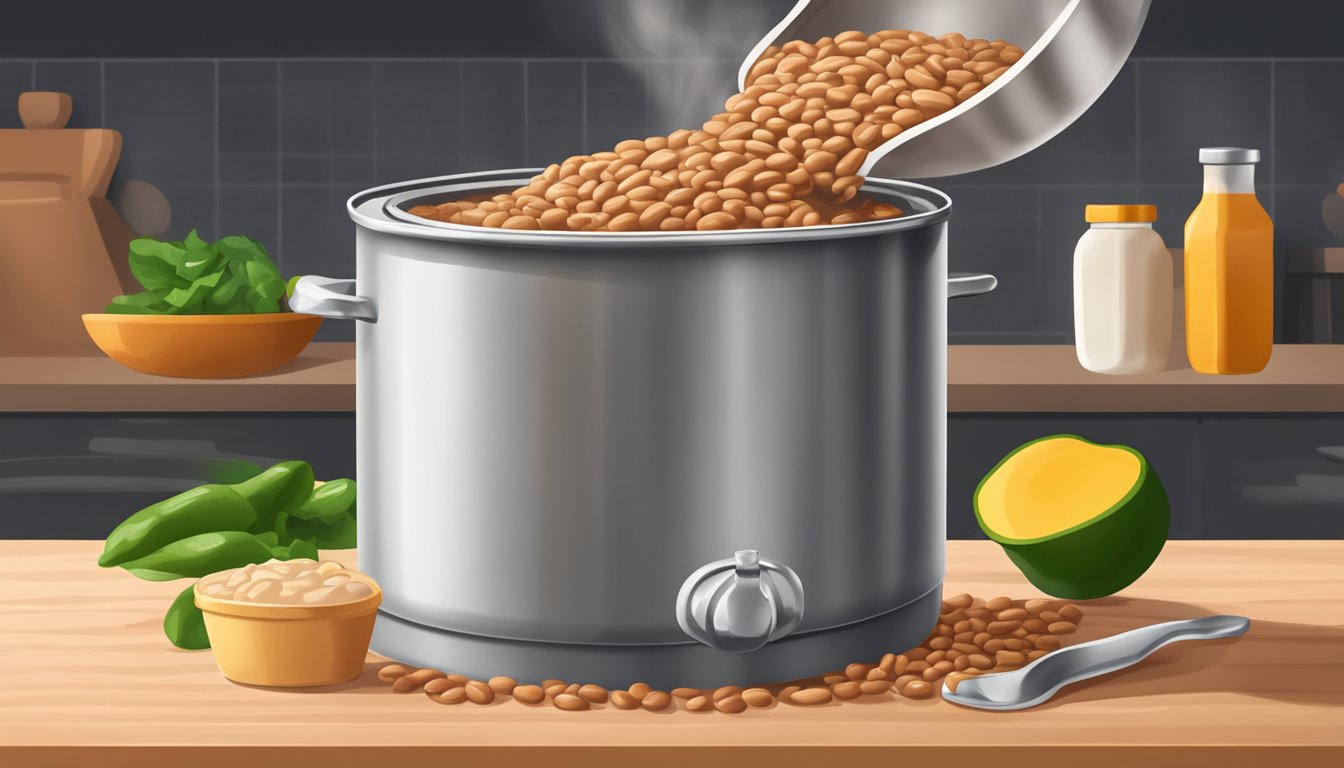 A can of refried beans pouring into a pot of watery refried beans, thickening the mixture