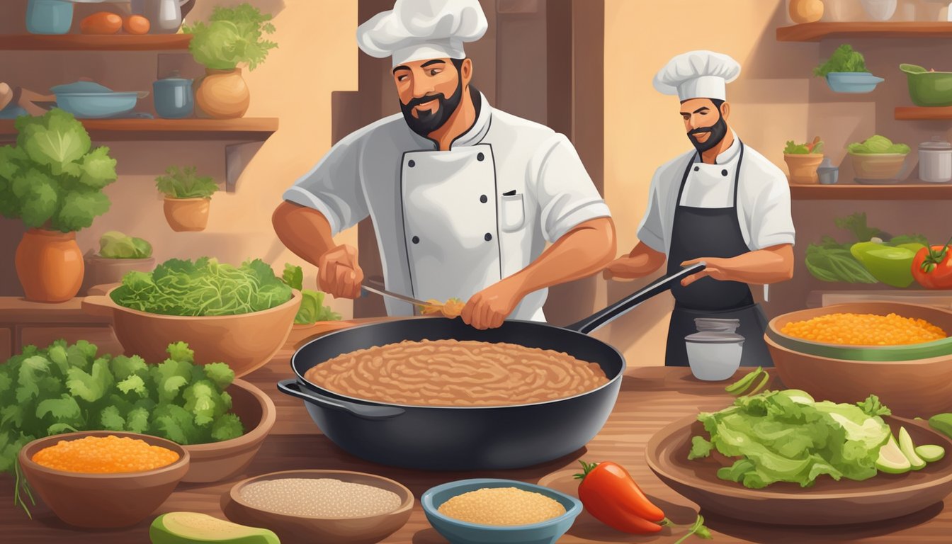 A chef stirring thickened refried beans in a skillet, surrounded by fresh vegetables and whole grain tortillas