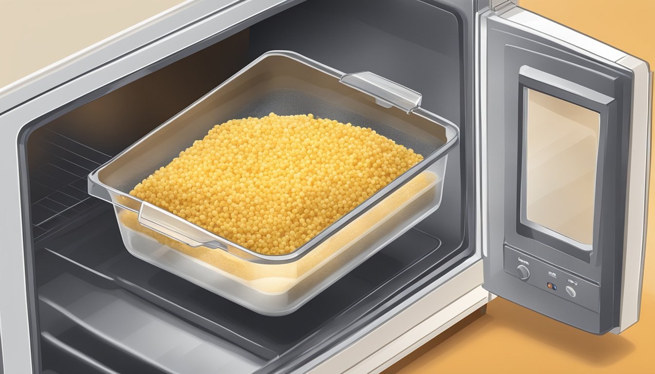 Overcooked couscous in a plastic container being placed in a microwave