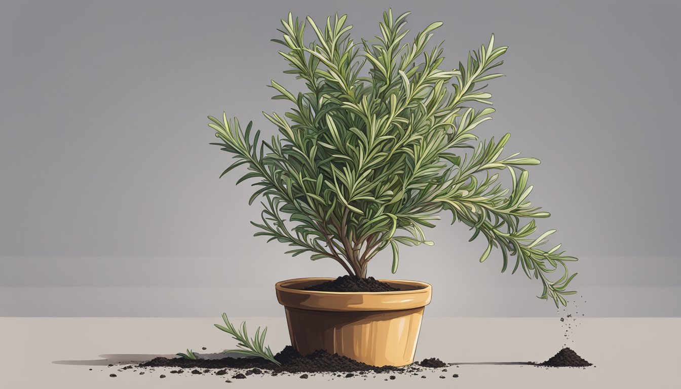 A wilted rosemary plant being gently lifted and supported by a stake, with fresh soil being added to its pot