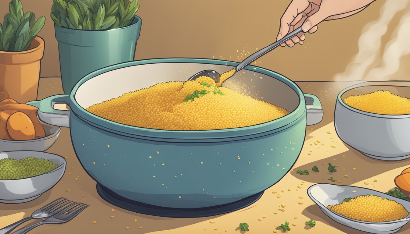 A pot of overcooked couscous being scooped out and saved with a fork