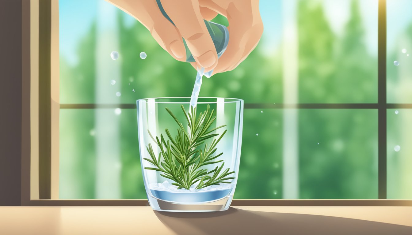 Fresh rosemary being gently placed in a glass of water, surrounded by vibrant green leaves and a sunny window in the background