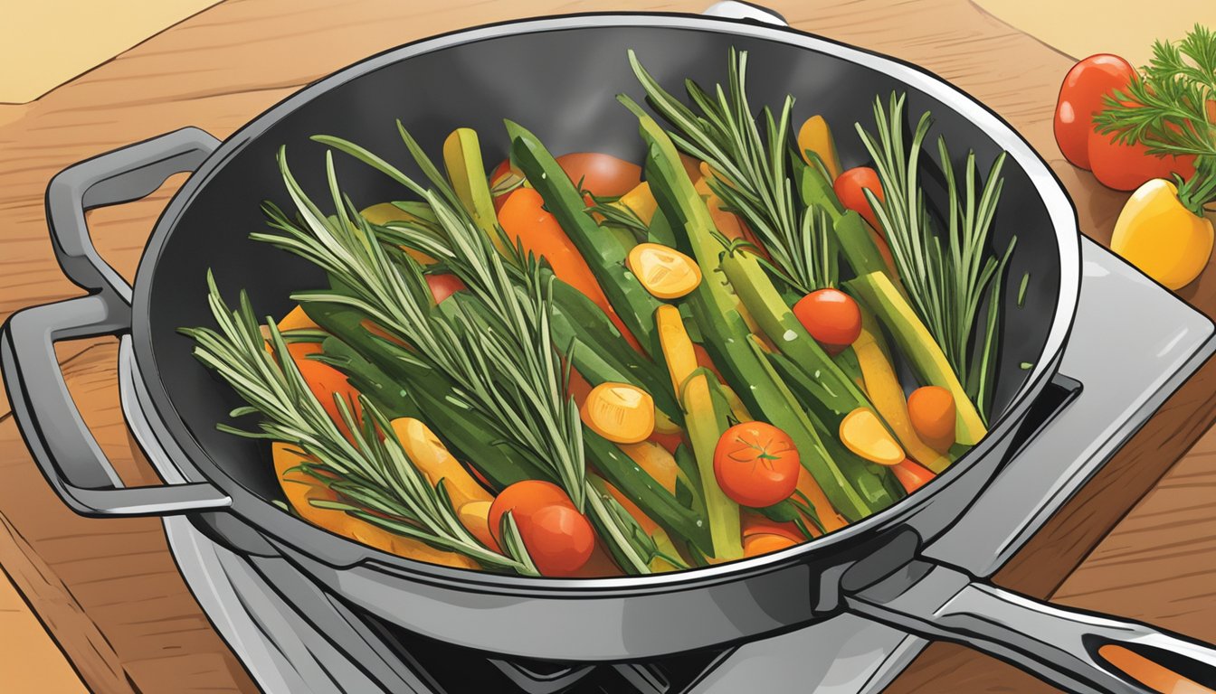 Fresh rosemary springs being added to a sizzling pan of vegetables, releasing a burst of aromatic flavor