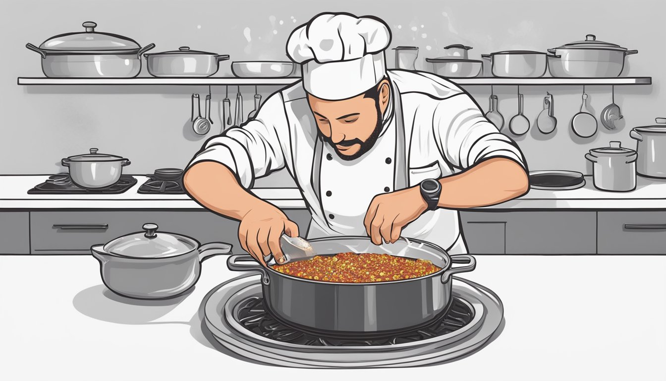 A chef adding small amounts of sugar to a pot of simmering sauce to balance out the saltiness of the overly salty salami