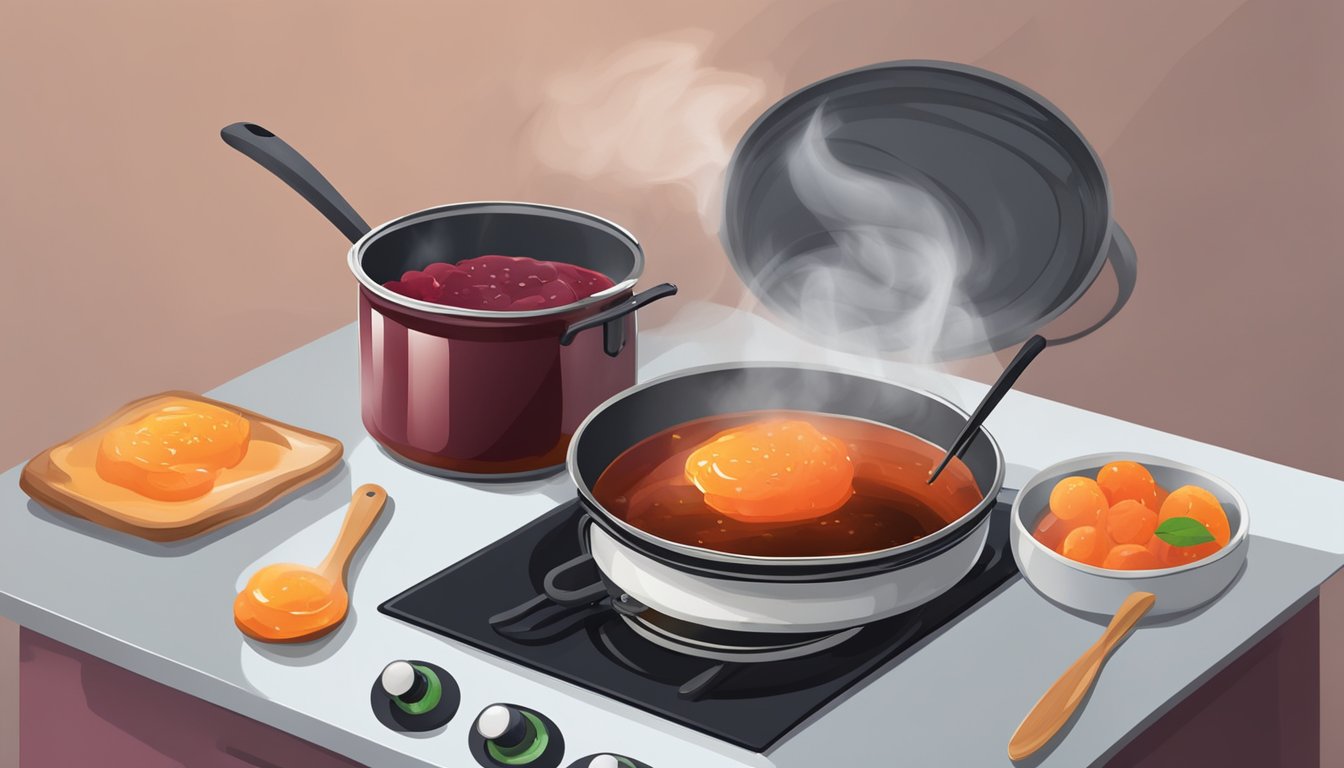 A pot of jam boiling on a stovetop, with a timer nearby and a spoon stirring the mixture. Smoke rises from the burnt jam