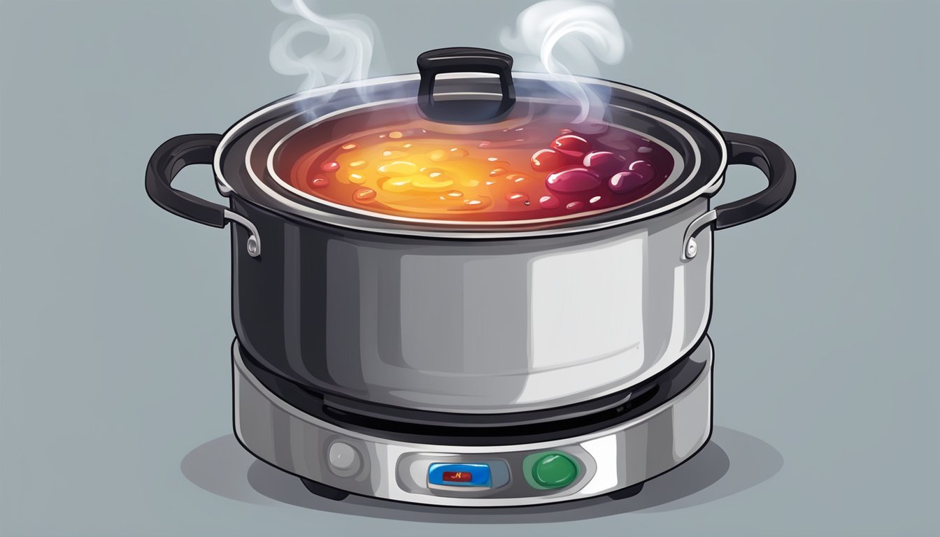 A pot of jam bubbling over on the stove, emitting smoke, while a fresh pot of jam is placed next to it