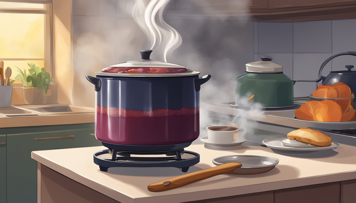 A pot of jam sits on a stove, smoke rising as a hand reaches to turn off the burner. A smoke alarm blares in the background