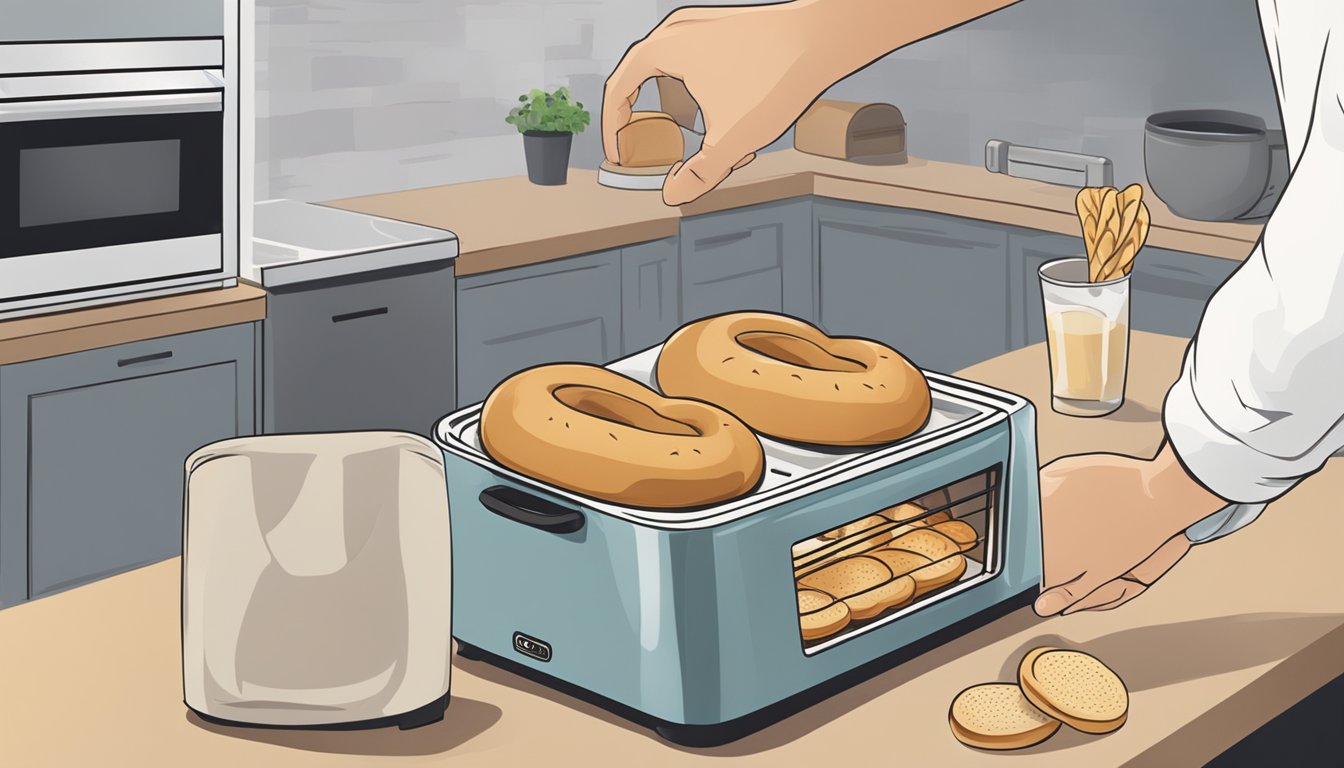 A sealed bag of bagels sits on a countertop next to a bread box. A person is seen reviving a stale bagel by toasting it in a toaster