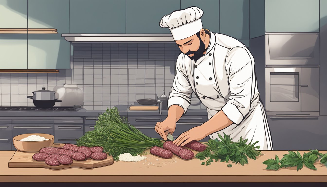 A chef adding herbs and spices to a batch of salami in a kitchen setting