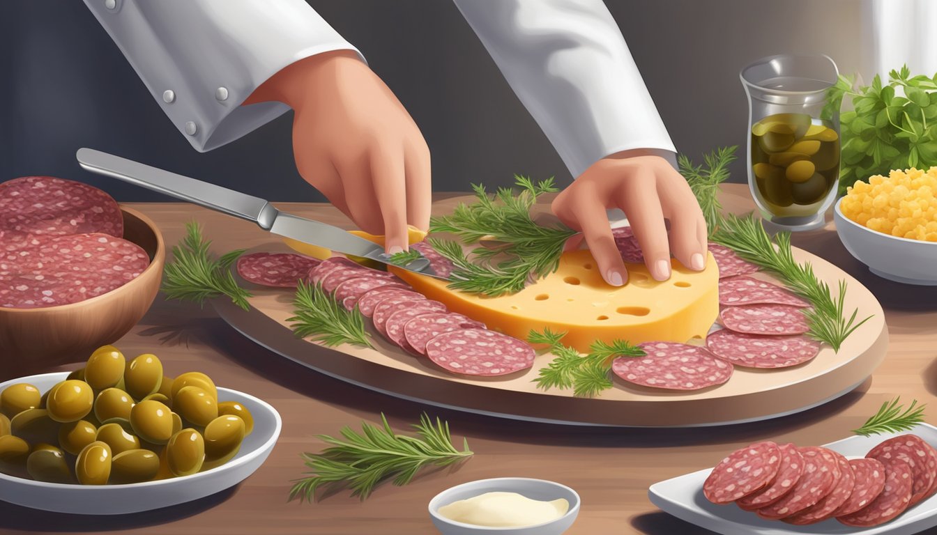 A chef sprinkles herbs on a platter of sliced salami, accompanied by olives and cheese