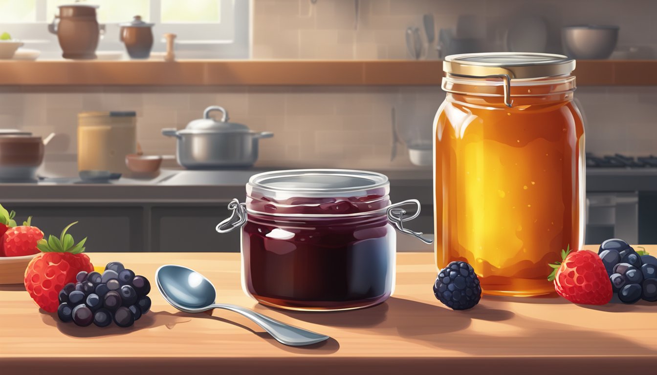 A jar of burnt jam sits on a kitchen counter with a spoon scooping out the unburnt portion. A jar of honey and a bowl of fresh berries are nearby