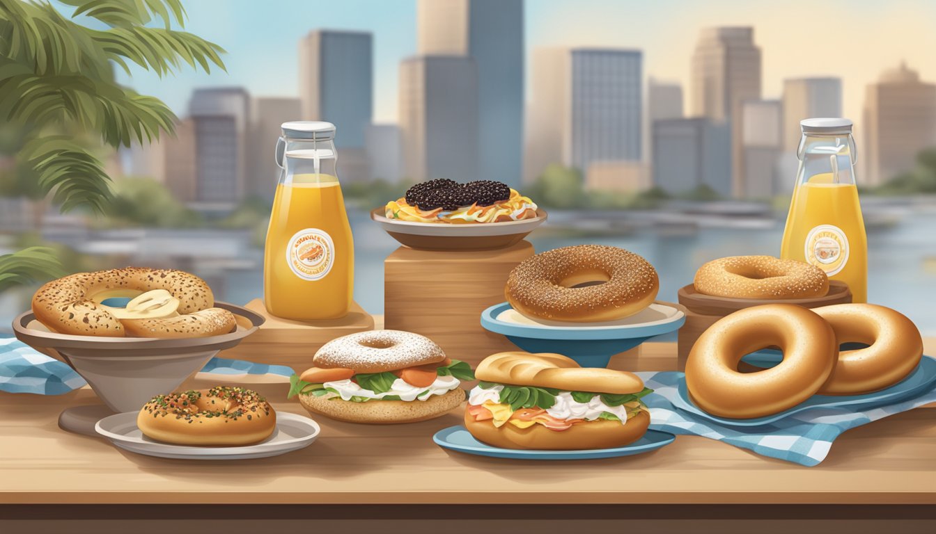 A table displays a variety of regional bagel types being refreshed with toppings and spreads