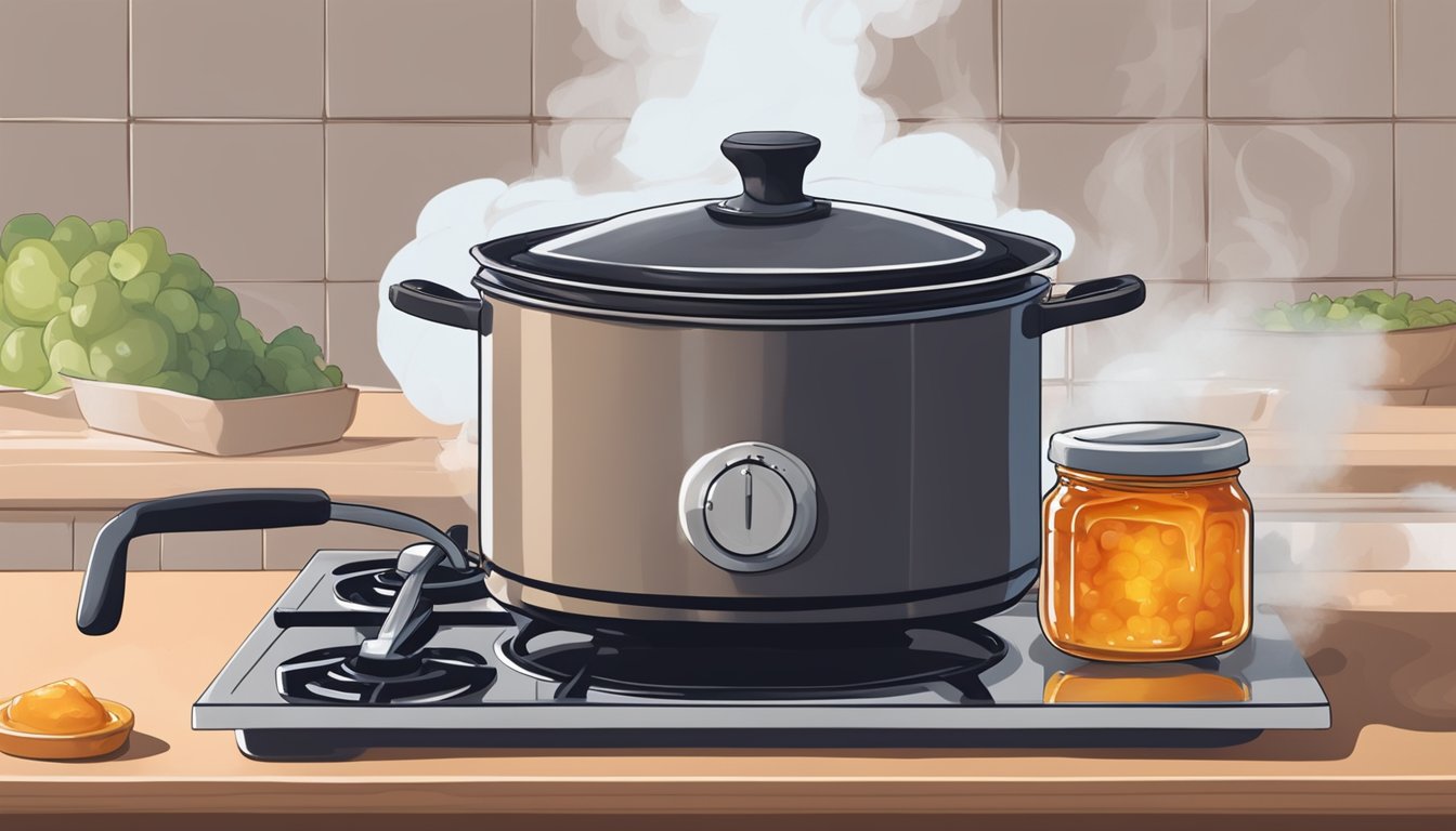 A pot of jam bubbling on the stove, smoke rising, a hand reaching in with a spoon to rescue the burnt edges