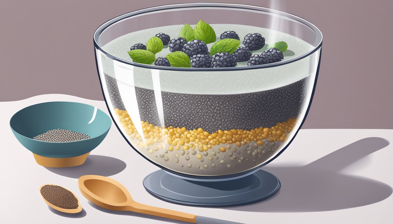 A bowl of chia pudding with a spoonful of chia seeds being added to thicken the watery mixture