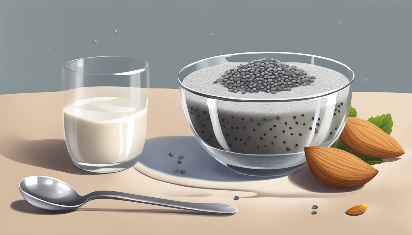 A bowl of chia seeds, almond milk, and a spoon, with a puddle of watery chia pudding next to it