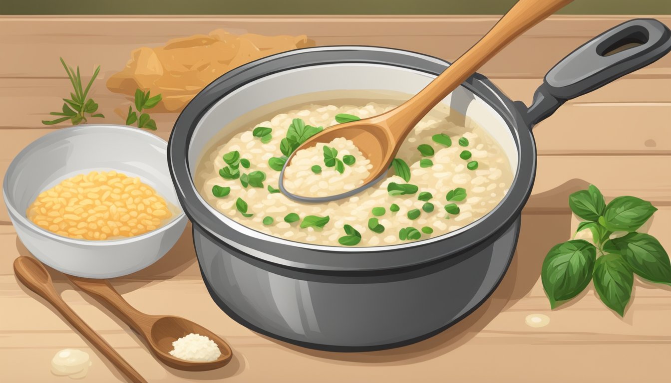 A wooden spoon stirring creamy risotto in a bubbling pot. A timer sits nearby, set to the perfect cooking time