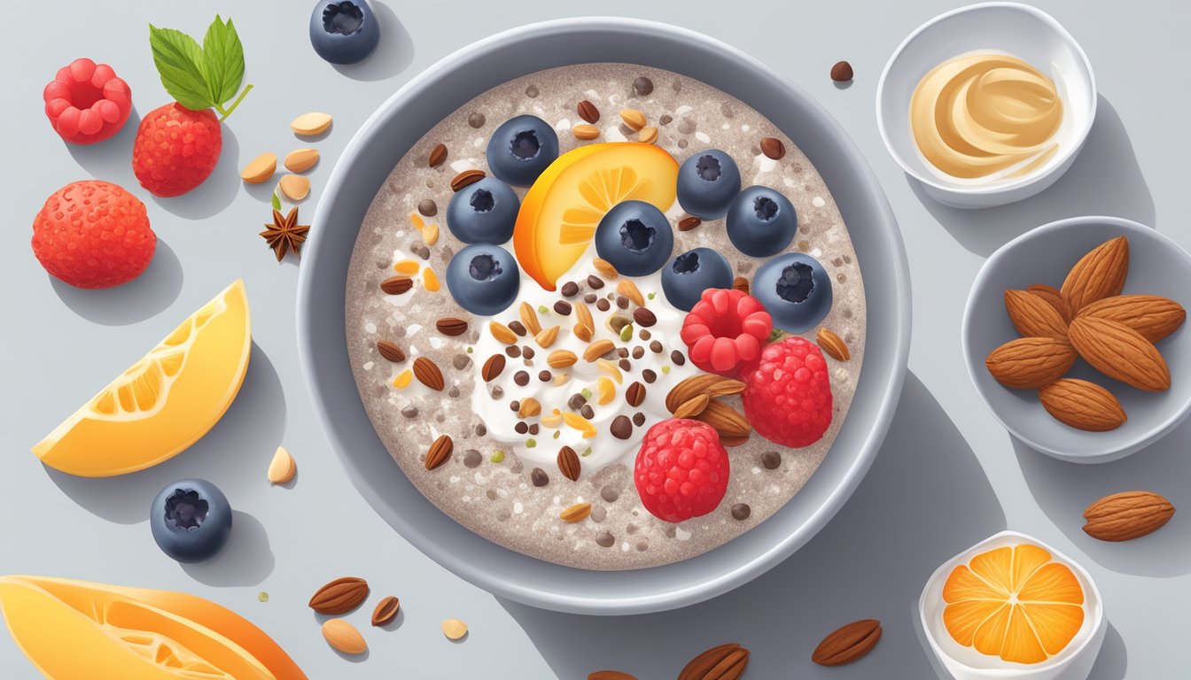 A bowl of chia pudding with various flavorings and add-ins, surrounded by ingredients like fruit, nuts, and spices