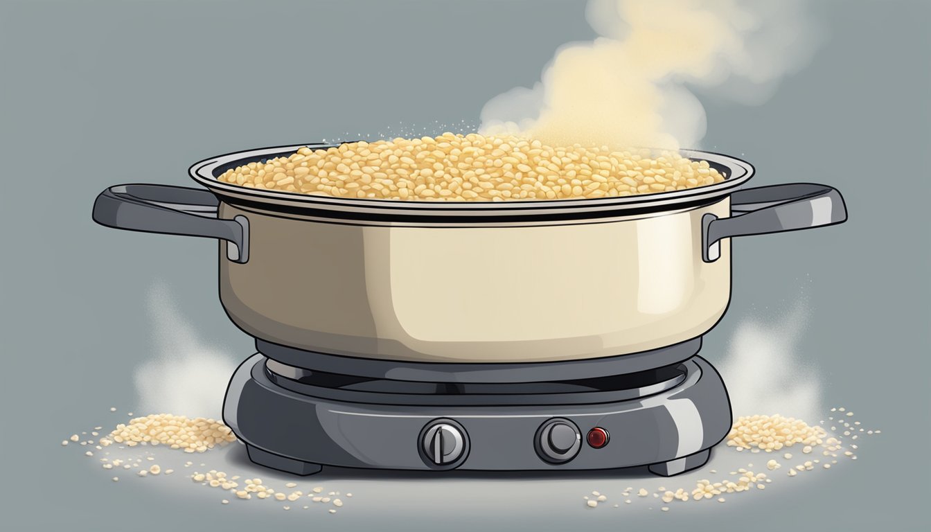 A pot of risotto boiling over on a stovetop, with steam rising and grains sticking to the sides