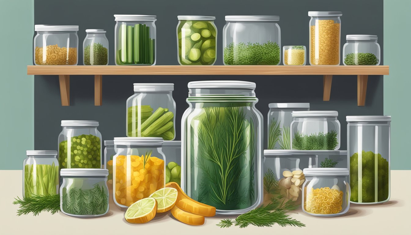 A glass jar of dill submerged in a clear liquid, surrounded by various storage containers and shelves filled with preserved foods