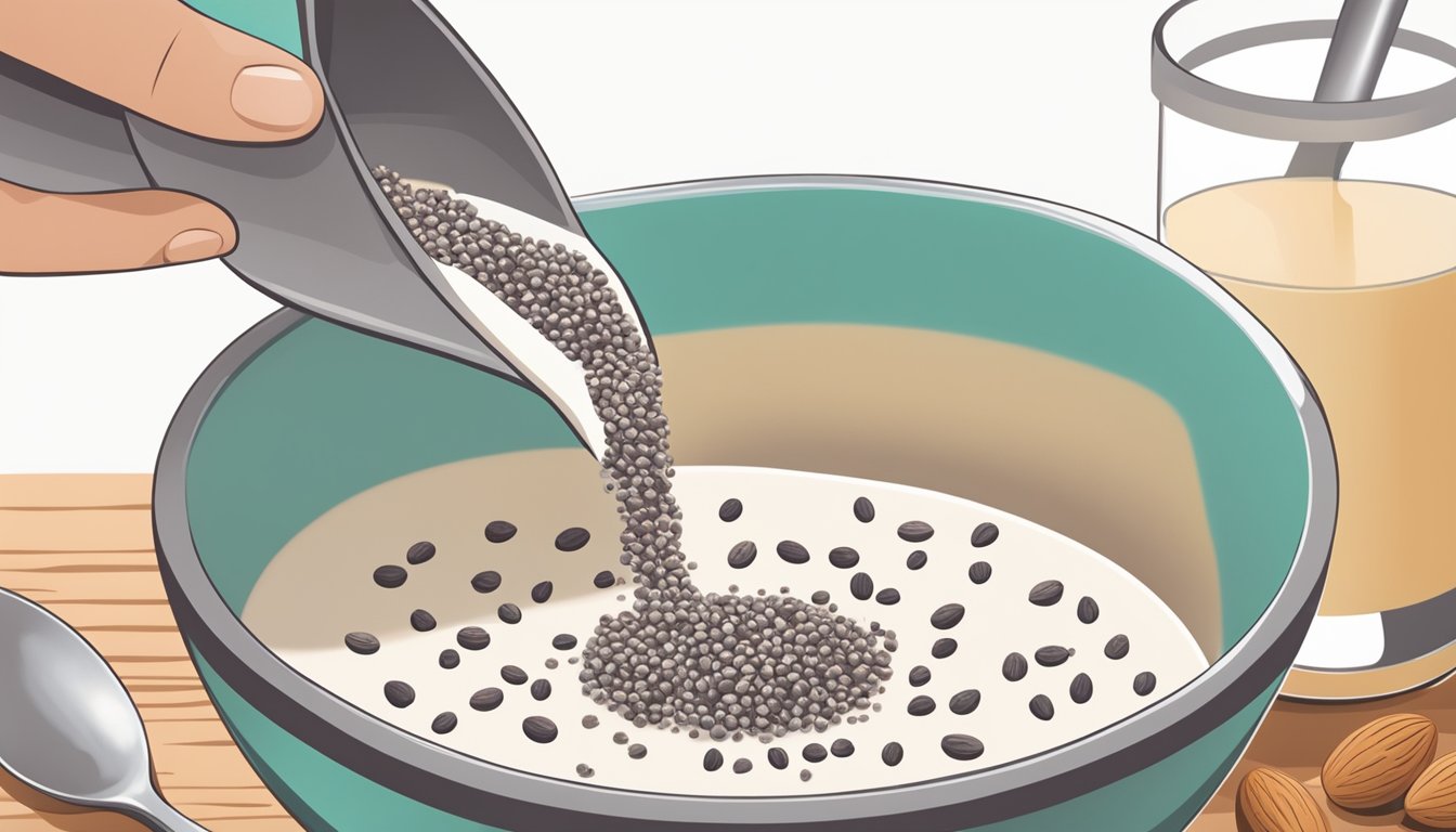 A hand pouring chia seeds into a bowl of almond milk, with a spoon stirring the mixture to thicken it