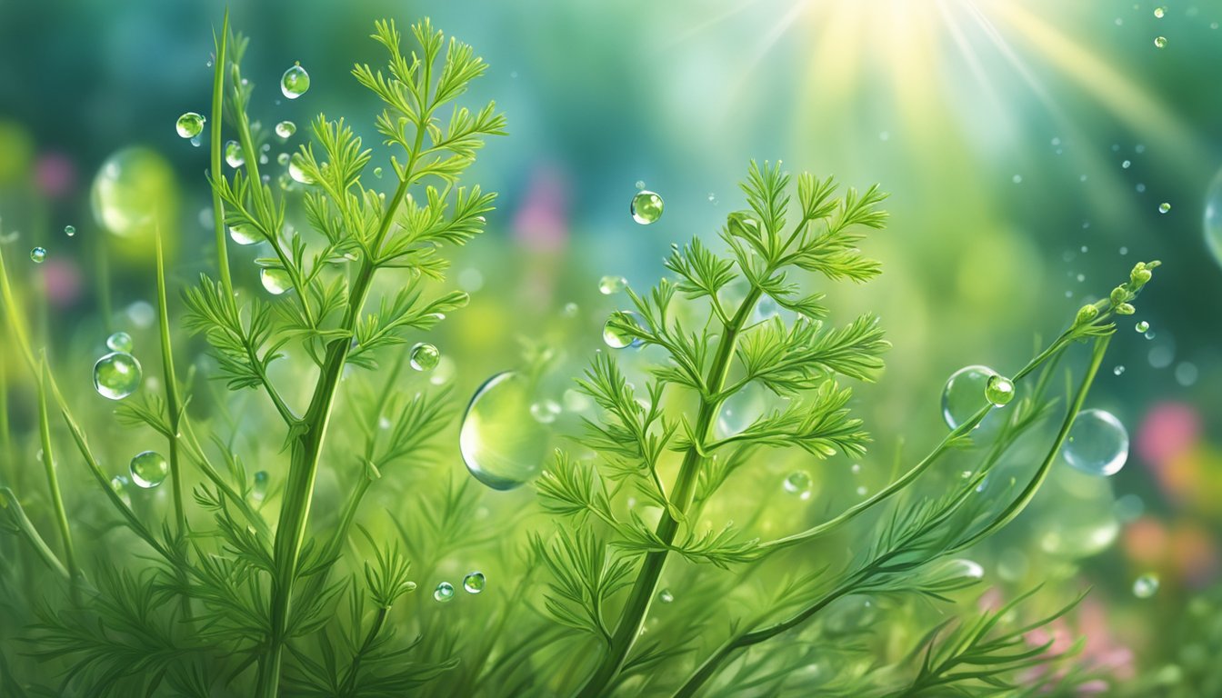 Fresh water droplets revive limp dill, surrounded by vibrant, thriving herbs in a sunlit garden