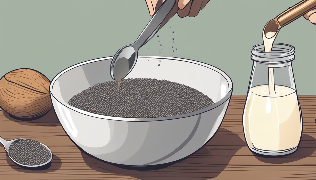 A hand pouring chia seeds into a bowl of almond milk, with a spoon stirring the mixture. Another bowl of chia pudding sits nearby, thickened and ready for storage