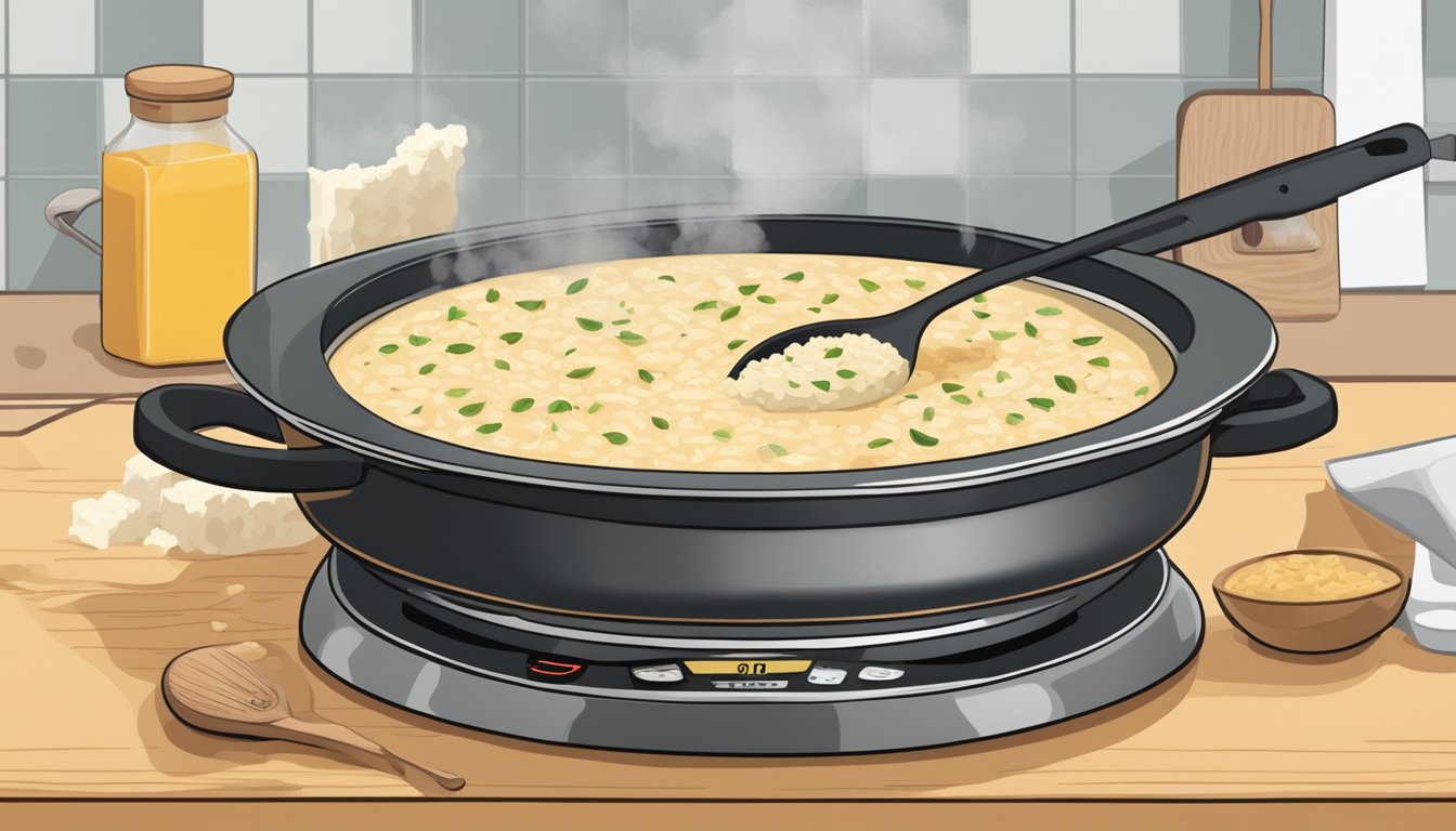 A pot of creamy risotto simmers on a stovetop, steam rising as a wooden spoon stirs in broth and Parmesan cheese. A timer sits nearby, ensuring the risotto is perfectly cooked