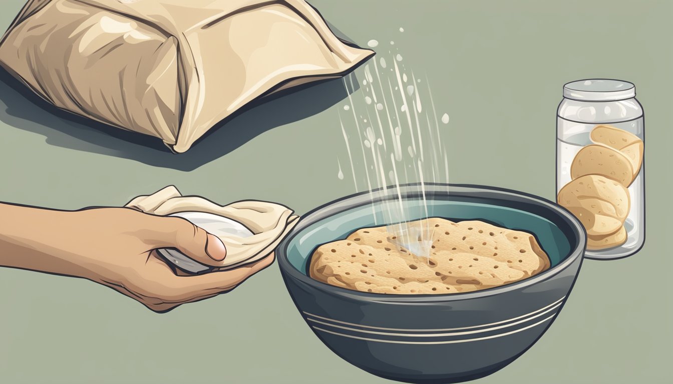 A hand reaching into a bag of stale pita bread, next to a bowl of water and a fresh damp cloth