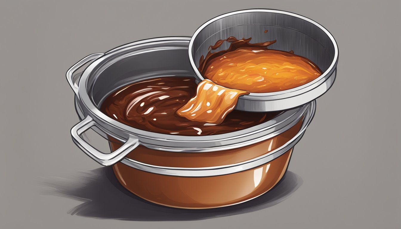 A pot of burnt barbecue sauce being carefully scraped and transferred into a new container