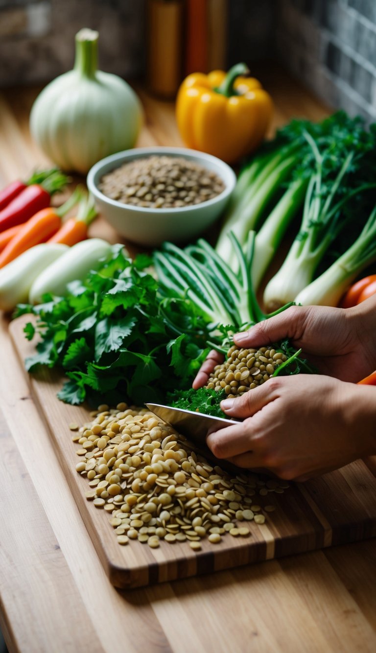 A variety of fresh vegetables and lentils are being washed and chopped on a wooden cutting board