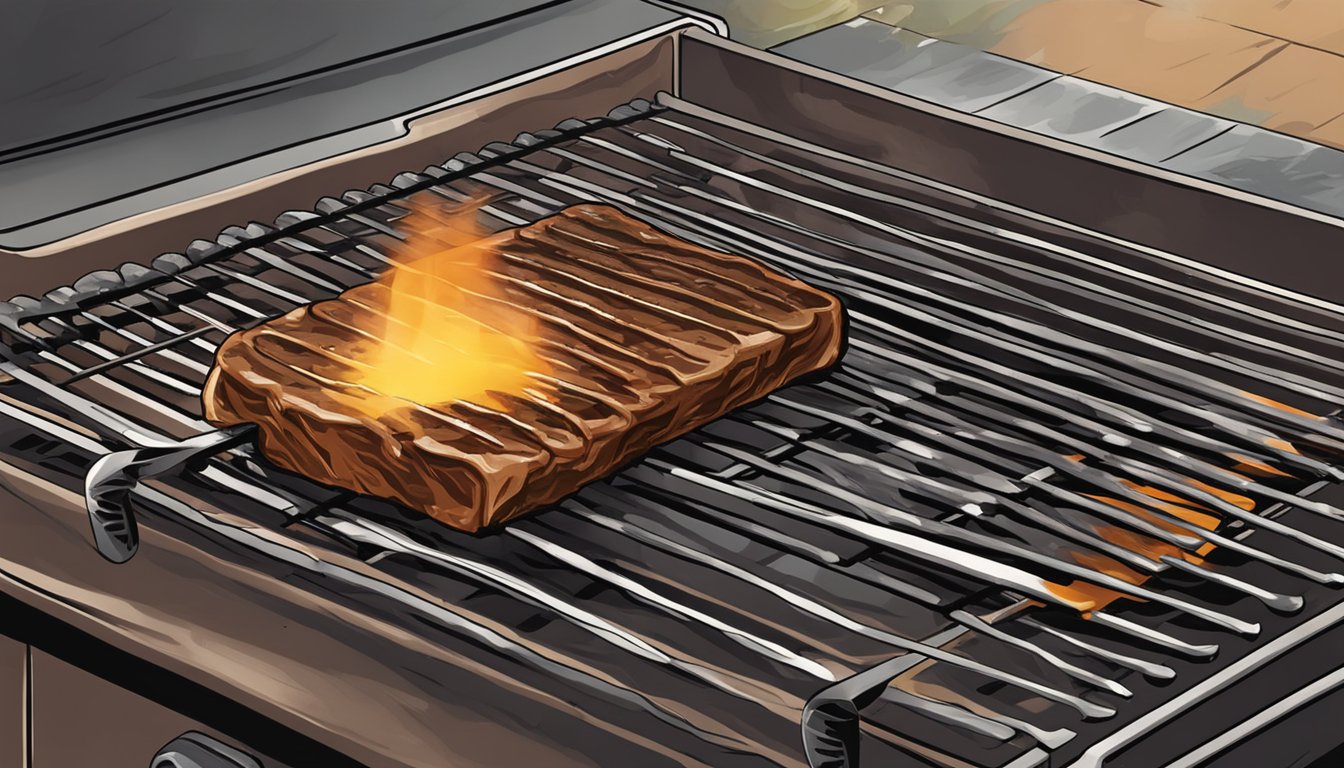 A grill brush scrubbing a charred barbecue sauce from a grill grate