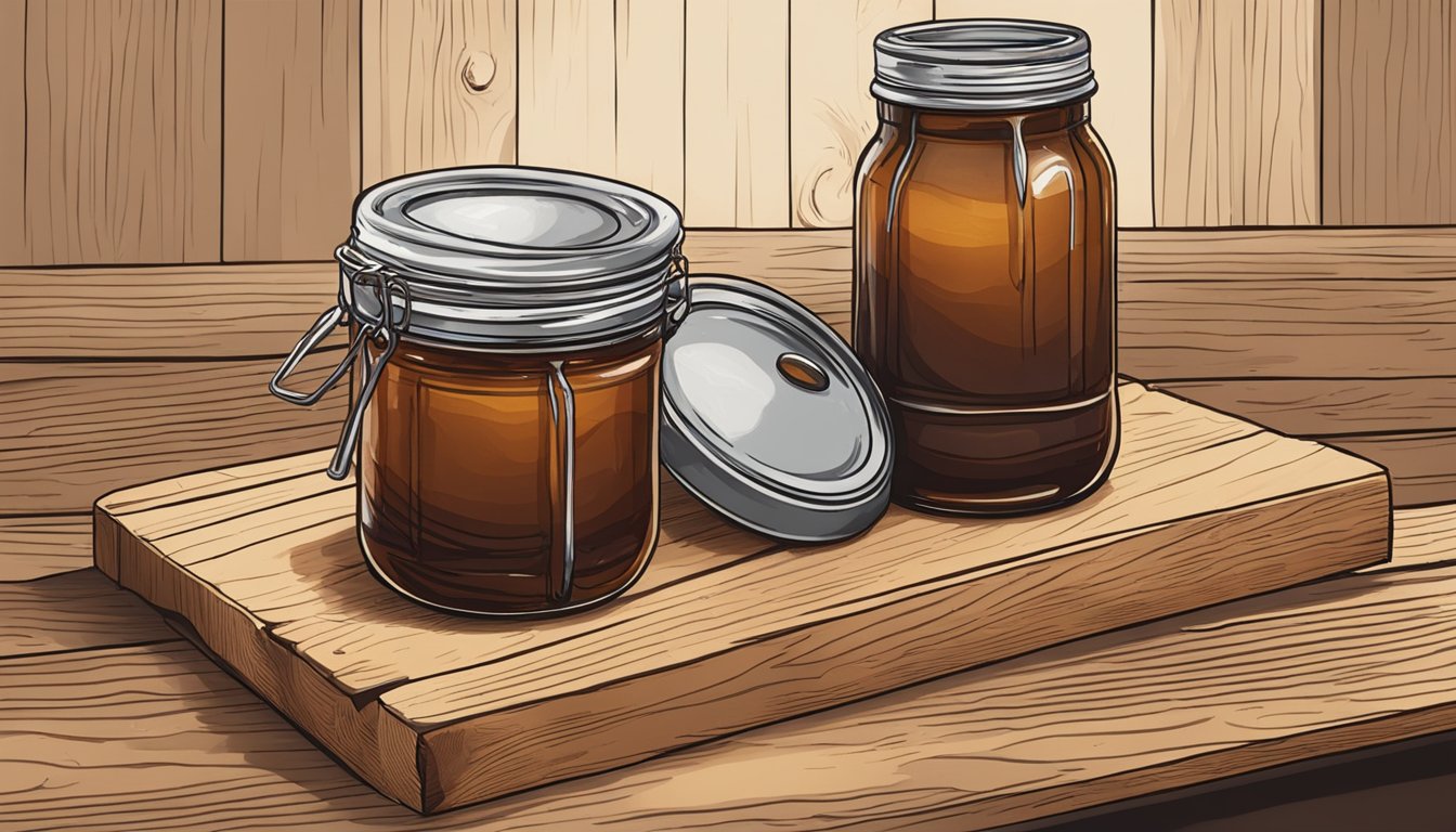 A jar of burnt barbecue sauce being used to stain wood for a rustic finish