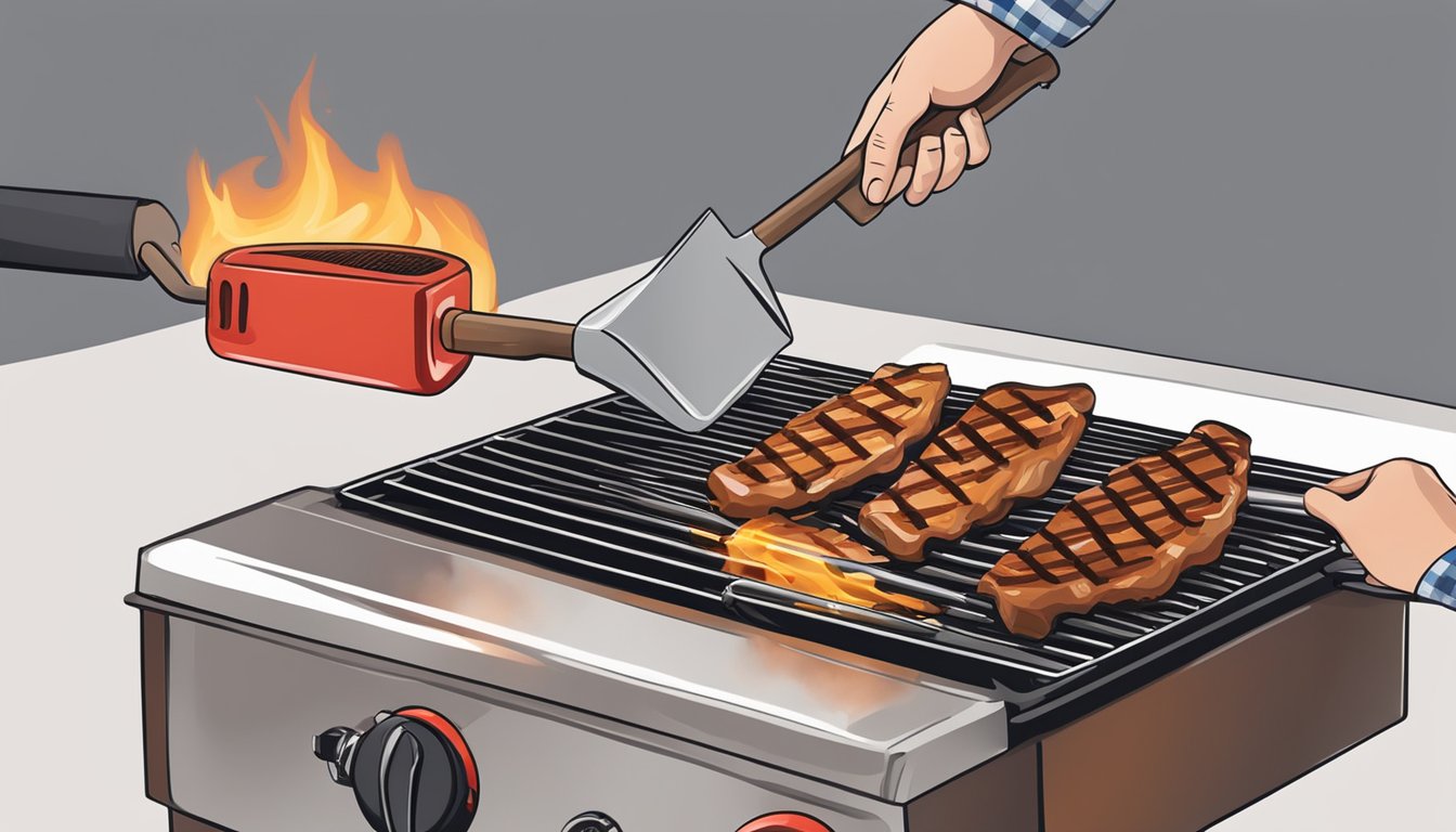 A person uses a spatula to scrape burnt barbecue sauce off a grill, with a fire extinguisher nearby for safety