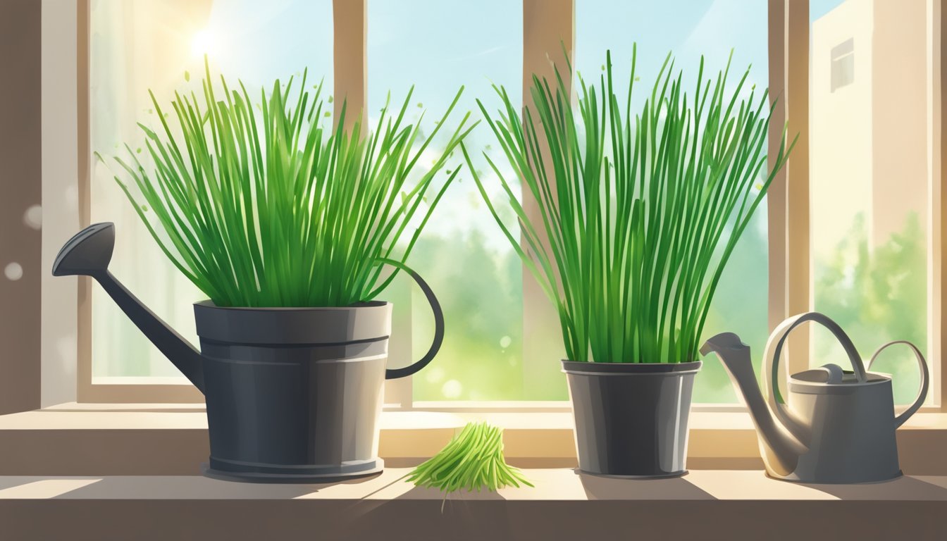 Fresh chives in a pot, drooping and wilted. Nearby, a watering can and sunlight streaming through a window