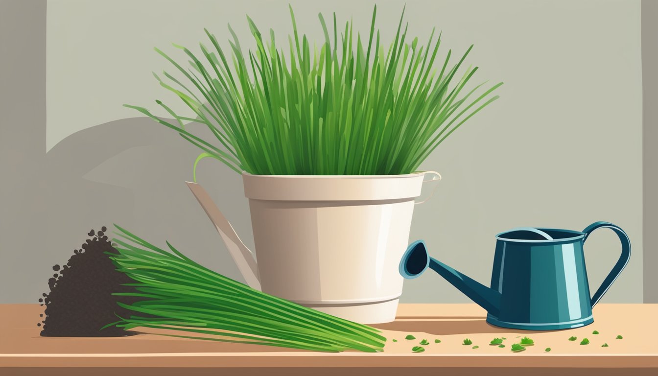 Fresh chives in a pot, drooping leaves, dry soil, and a small watering can nearby