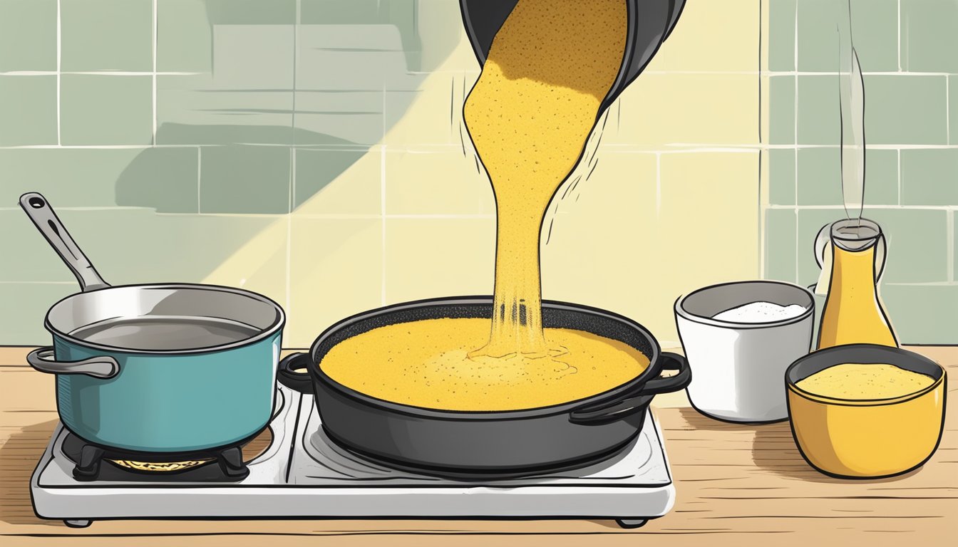 A pot of overcooked polenta being poured onto a baking sheet to cool and solidify