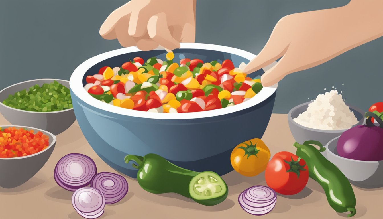 A hand pouring diced tomatoes, onions, and peppers into a bowl of watery salsa, adding cornstarch to thicken