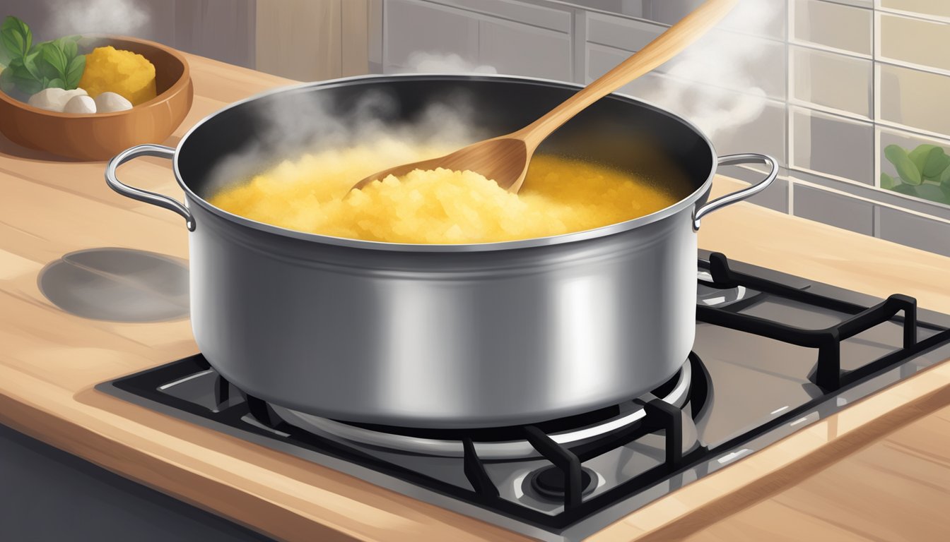 A pot of lumpy, overcooked polenta bubbling on the stove, with steam rising and a wooden spoon sticking out