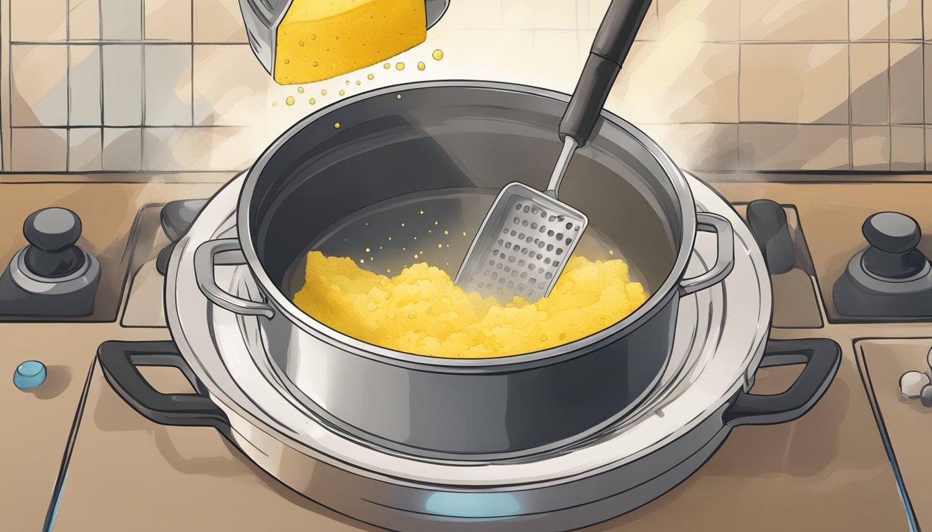 A pot of boiling polenta being removed from heat just before overcooking