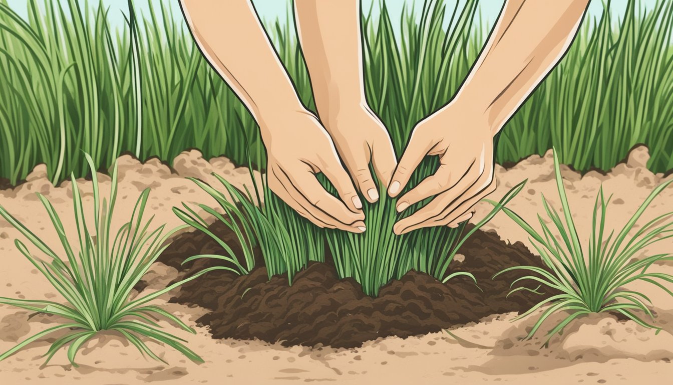 Revived chives standing tall in fresh soil, surrounded by nurturing hands and sunlight