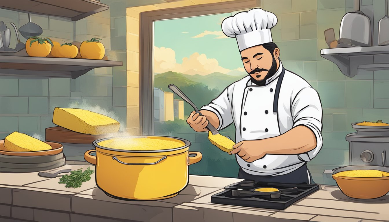 A chef salvaging overcooked polenta from a pot, using a spatula