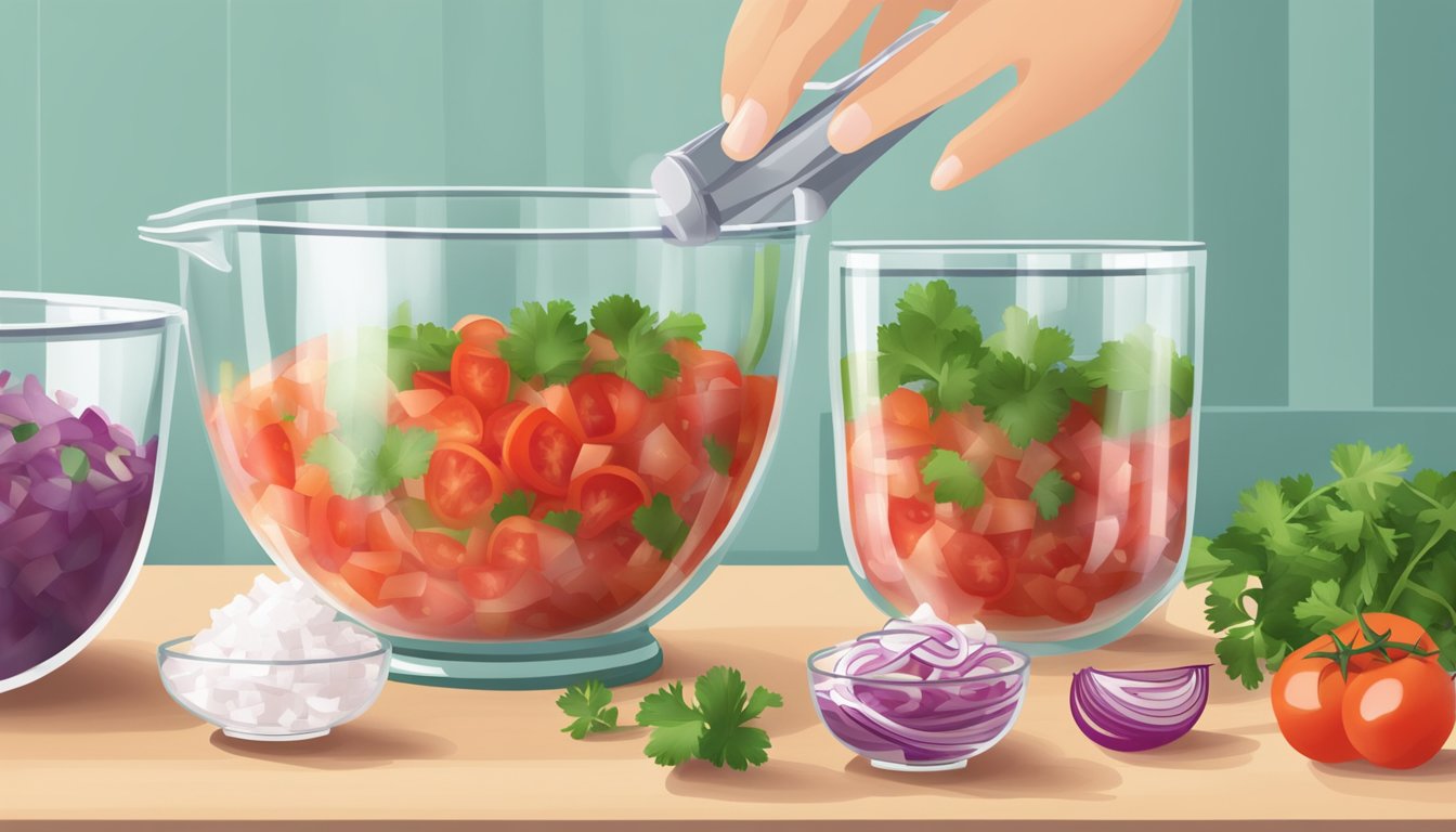 A hand blender mixing thickened salsa in a glass bowl, with diced tomatoes, onions, and cilantro visible