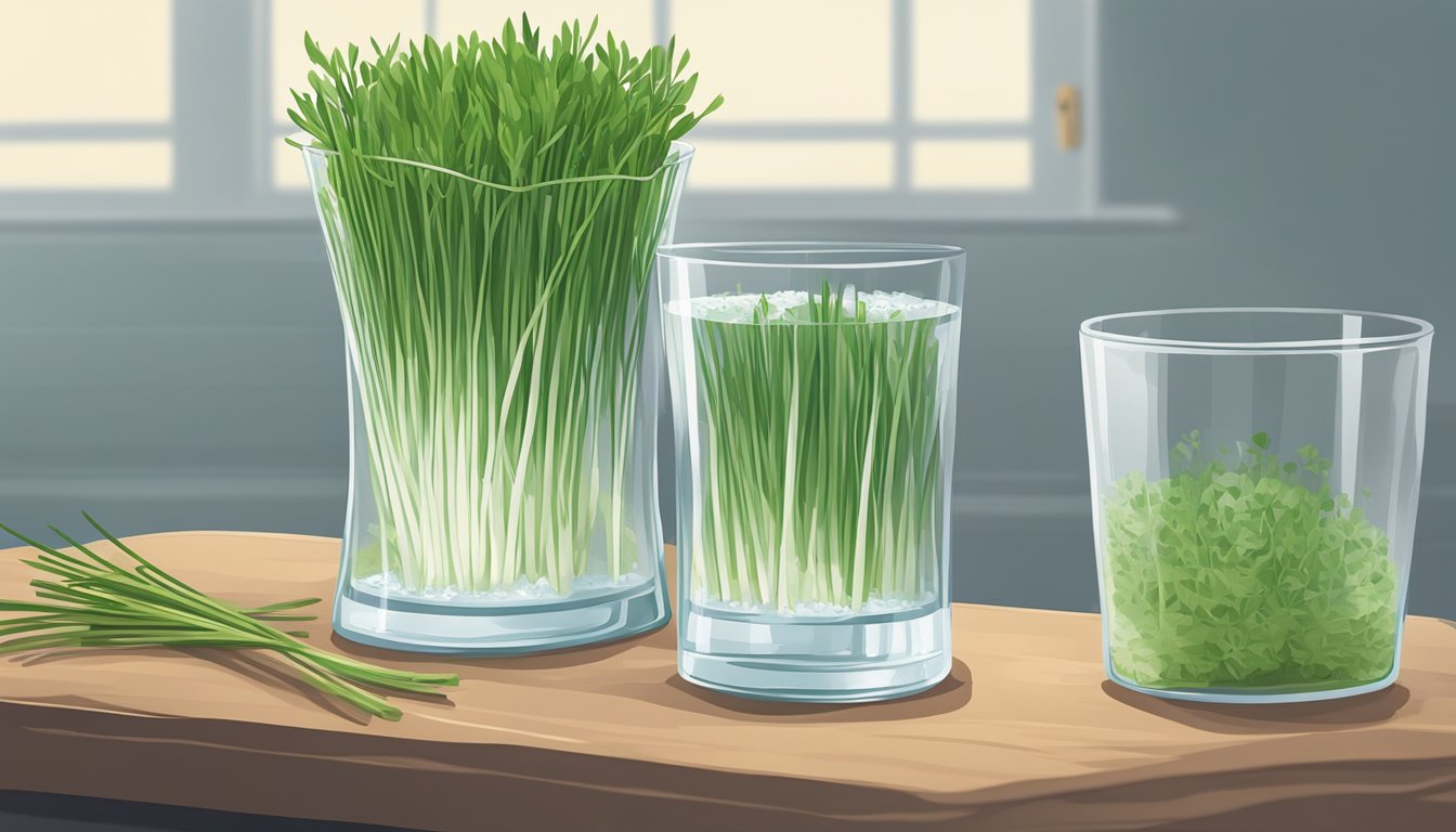 Fresh chives being cut and placed in a glass of water to revive, then transferred to a sealed container for storage