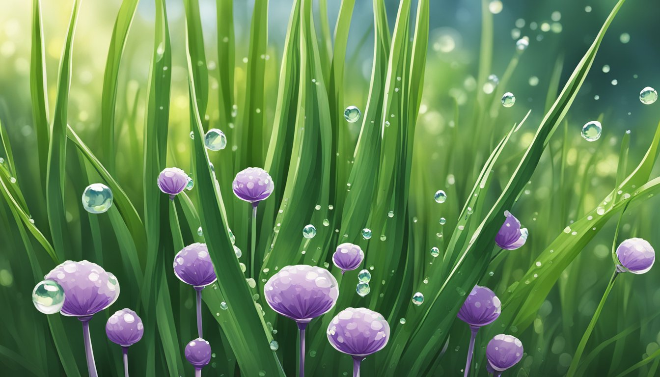 Fresh water droplets revive limp chives in a sunlit garden