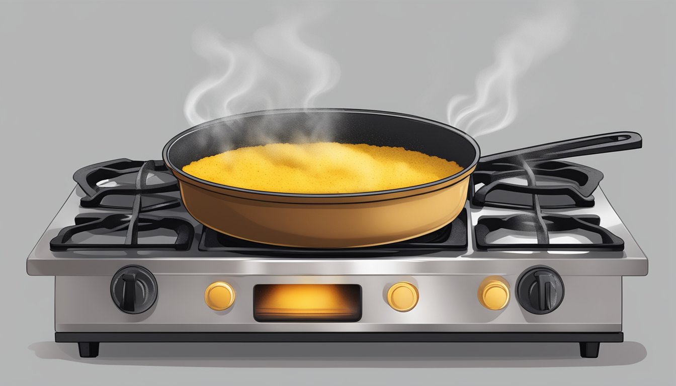 A pot of burnt polenta on a stovetop, emitting smoke, with a charred crust on the bottom